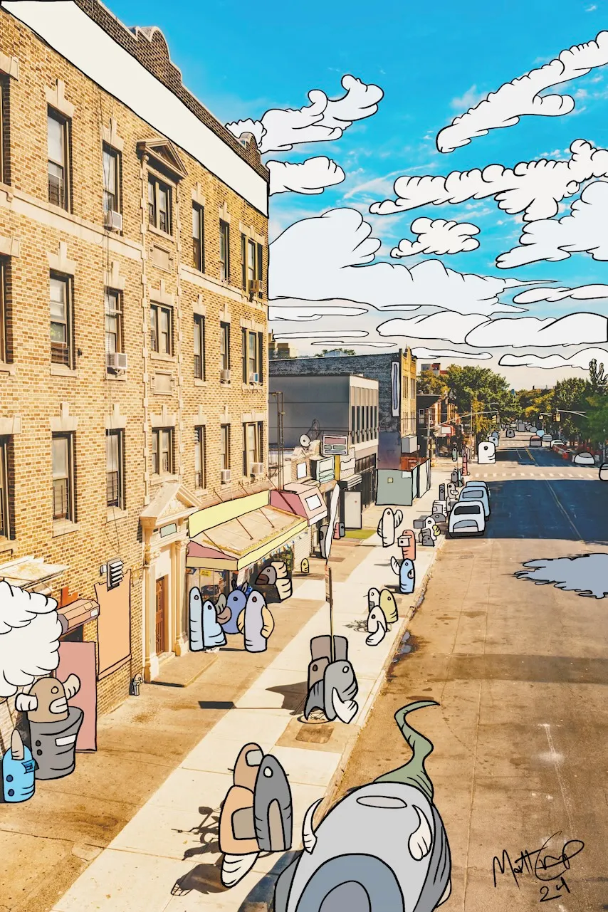 A photograph looking down on Ditmas Avenue from the elevated F train, with cartoon clouds filling the sky, pod creatures walking the sidewalk past a yellow brick building, cartoon cars parked along the kerb, and a large grey creature with a green tail at the bottom, signed 24.