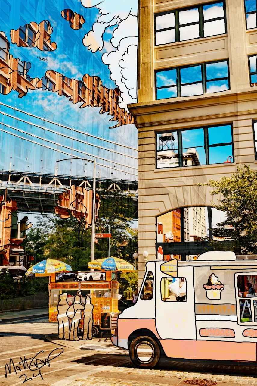 A photograph in DUMBO of a stone building beside the Manhattan Bridge, where a second photograph of a brick building is drawn into the sky as cartoon cloud shapes, a pink ice cream truck is outlined at the bottom, and food cart customers are drawn as blank outlines, signed 24.
