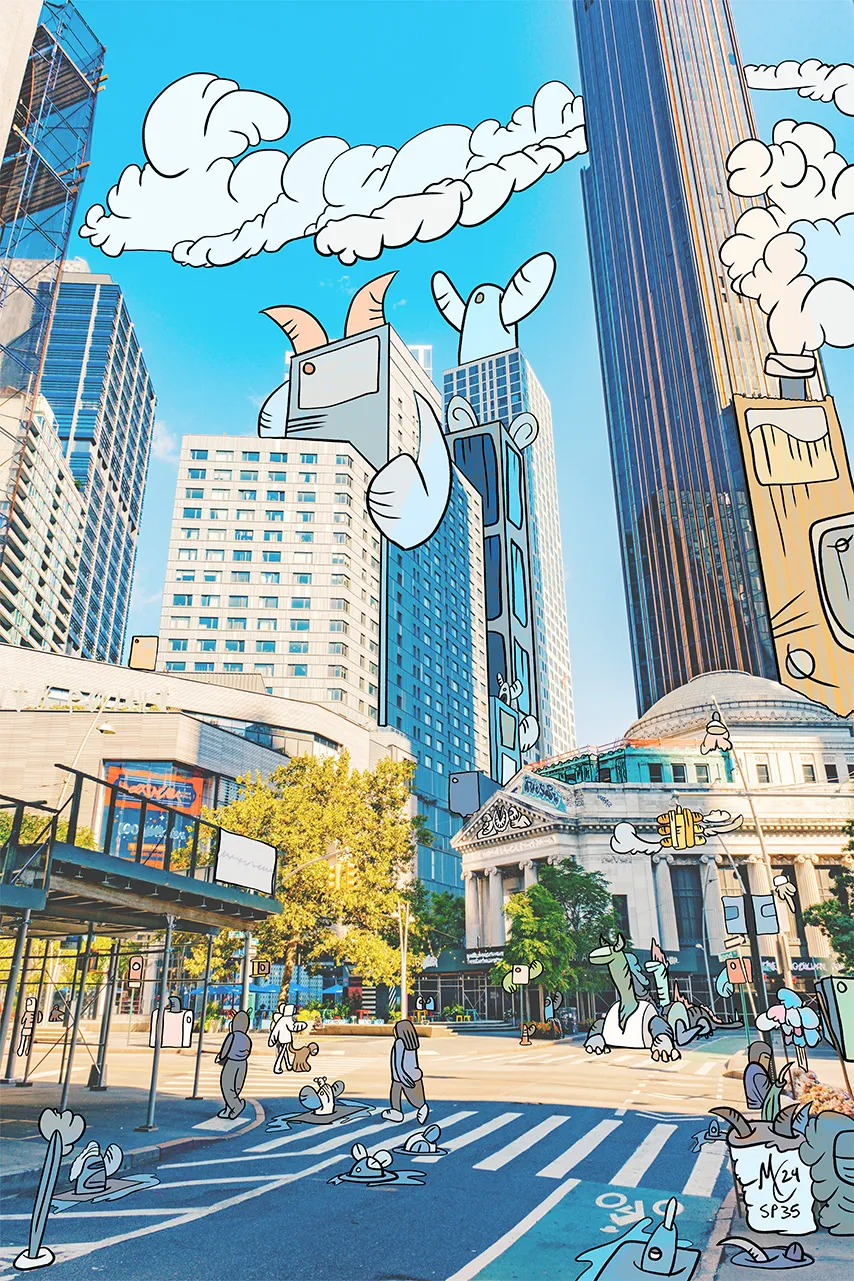 A low angle photograph of downtown Brooklyn towers and a domed bank from Fulton Mall, with cartoon clouds, a huge horned creature peeking from behind a tower, a dragon on the plaza, pod creatures in the street, and a tall cream creature at right, labelled SP35.