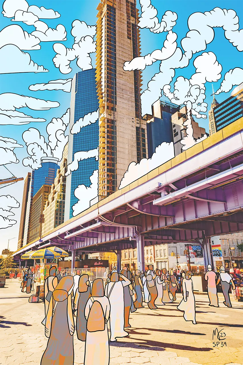 A photograph beneath the FDR Drive on the lower Manhattan greenway, with the sky packed with outlined cartoon clouds above glass towers and a tower under construction, and a crowd of walkers redrawn as outlined cartoon figures in warm tones, labelled SP39.