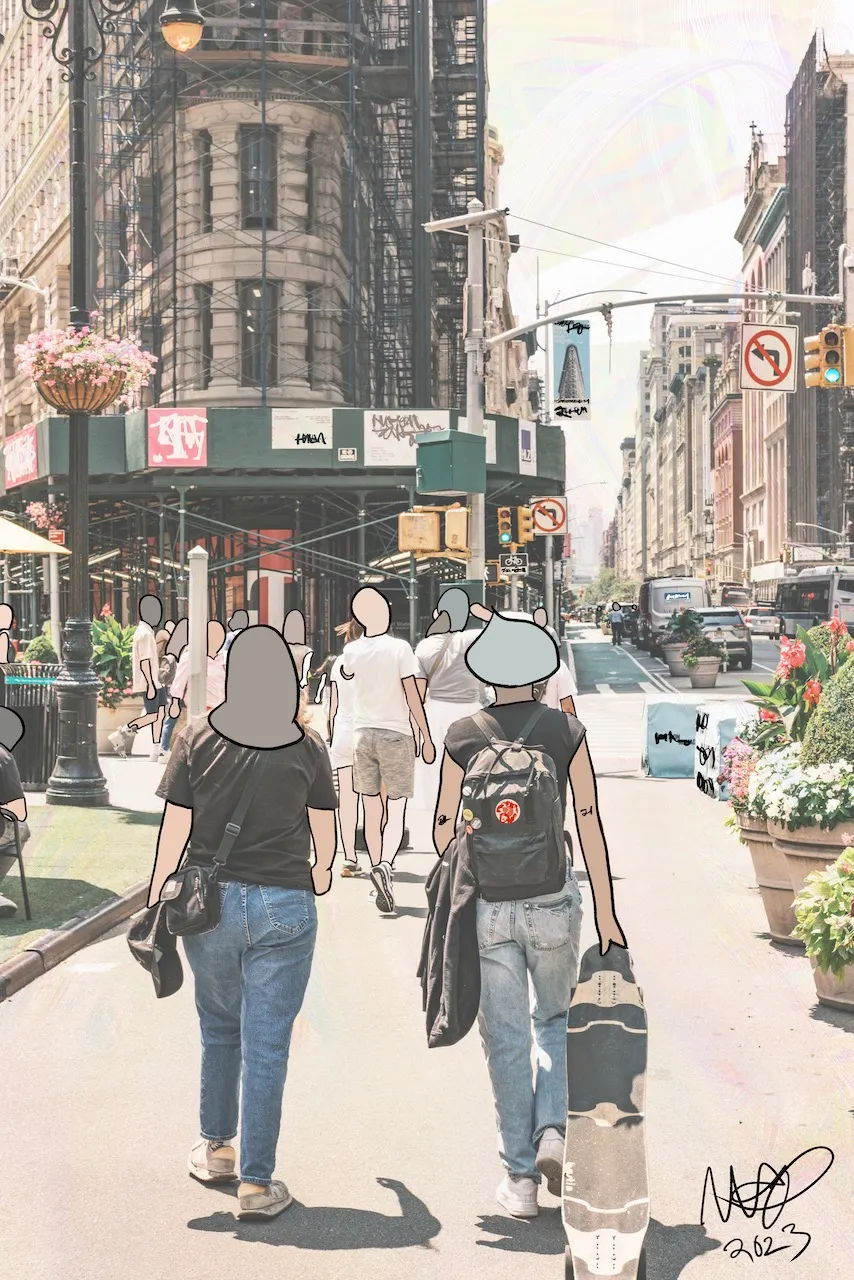 A bleached photograph of two people walking away down a Manhattan street, one with a backpack carrying a longboard, their heads replaced by grey cartoon shapes, past the scaffolded Flatiron corner, signed 2023.
