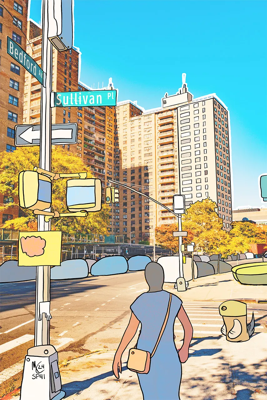 A photograph at Bedford Avenue and Sullivan Place in Brooklyn beside the old Ebbets Field site, with a woman in a blue dress walking away with a cartoon head, a lamp post covered in drawn signals and signs, apartment towers outlined in white, and cartoon cars, labelled SP41.