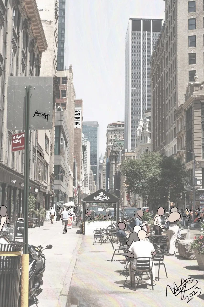 A nearly grey photograph of a Manhattan street with a blank sign, skyscrapers, cafe tables, and seated faceless figures in a pedestrian plaza, signed 2023.