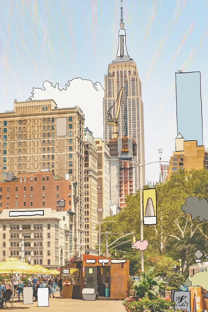 A photograph of the Empire State Building with a crane, where clouds, water towers, billboards and a kiosk have been outlined and filled with flat cartoon colour, above a plaza of yellow umbrellas, signed 2023.