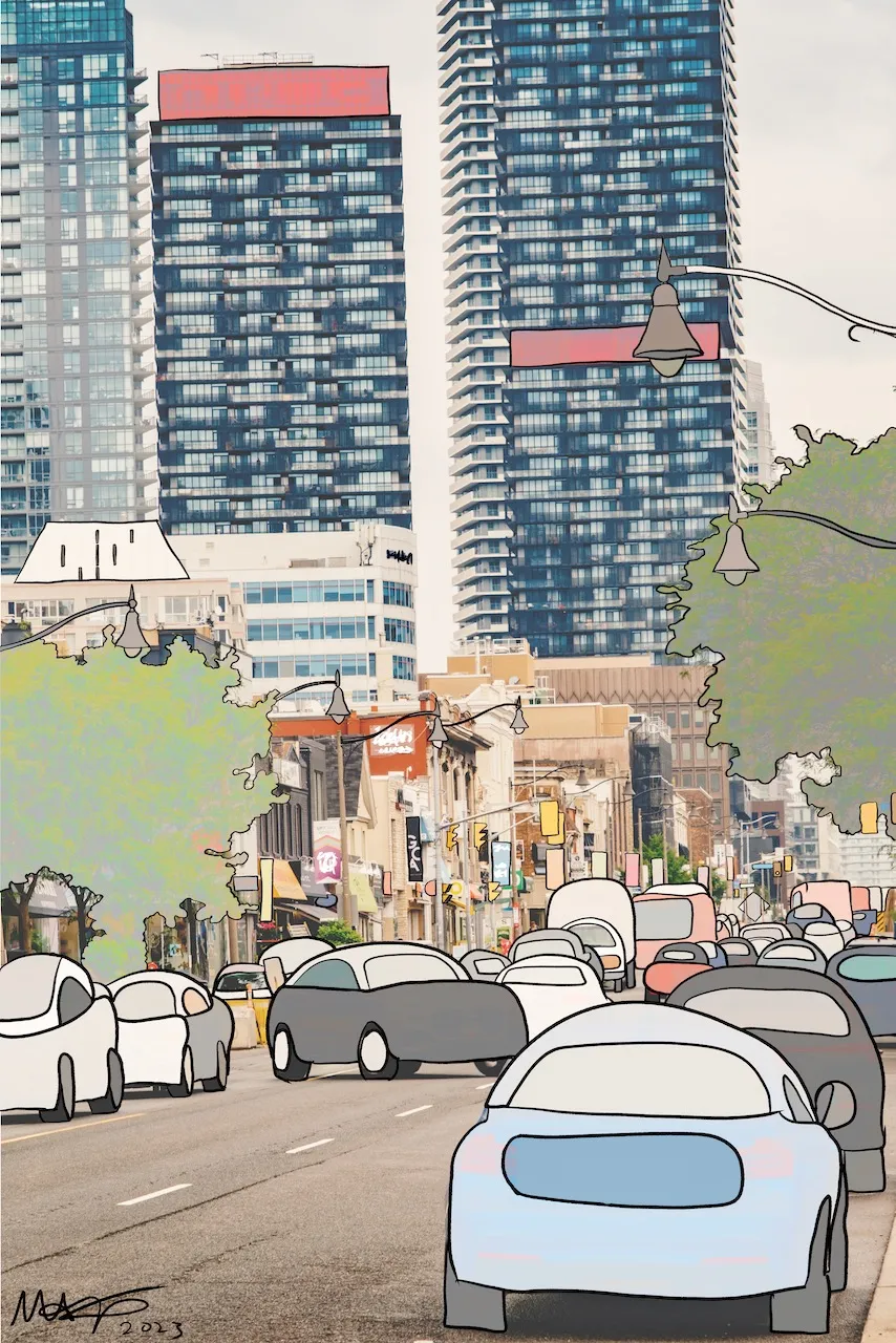 A photograph of a Toronto avenue with glass condo towers, where the traffic has been redrawn as rounded cartoon cars and the street lamps outlined, signed 2023.