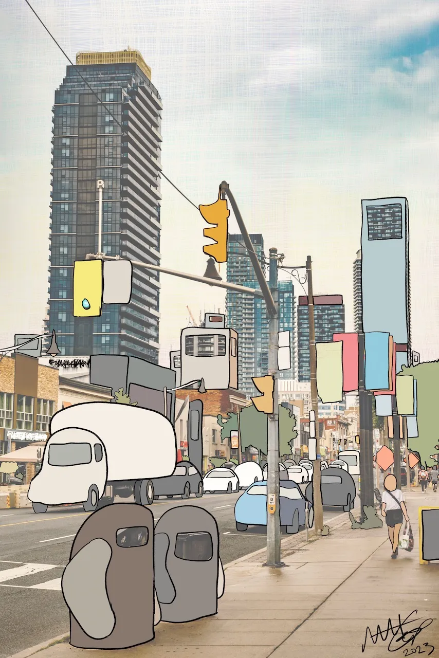 A photograph of a Toronto street where a white truck, cars, traffic lights, banners and two sidewalk bins have been redrawn as flat cartoon shapes, with a faceless pedestrian, signed 2023.