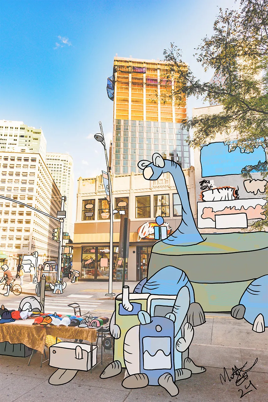 A photograph of a downtown Brooklyn street with a hat vendor's table, where a large pale blue cartoon dinosaur with a long neck stands over a green cartoon bus body, blue luggage creatures sit on the sidewalk, and small creatures hang on a lamp post, signed 24.