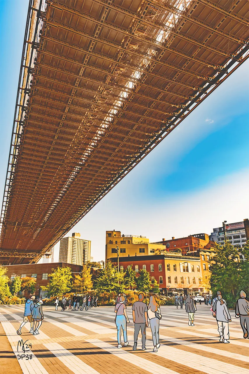 A low angle photograph from beneath the Brooklyn Bridge roadway, its steel underside filling the top half, with a plaza of walking people below redrawn as outlined cartoon figures, labelled SP38.