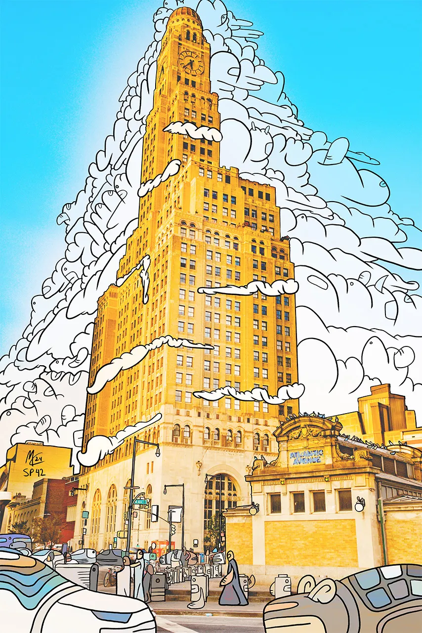 A low angle photograph of the Williamsburgh Savings Bank clock tower in Brooklyn, wrapped in a tower of outlined cartoon clouds with small creatures hiding in them, above the Atlantic Avenue station entrance and a street of cartoon cars and creatures, labelled SP42.