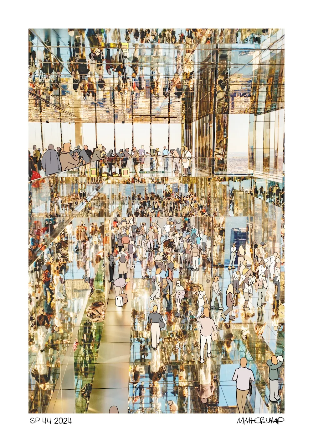 A photograph inside a mirrored observation deck high above Manhattan, with hundreds of visitors reflected on every surface, all redrawn as outlined cartoon figures with blank faces, labelled SP 44 2024.