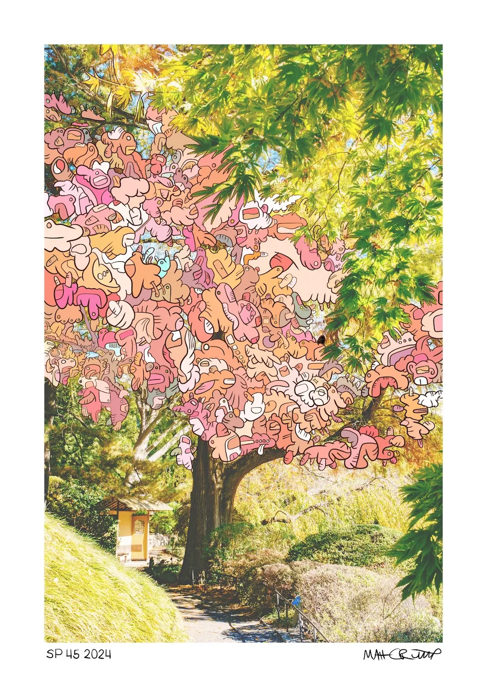 A photograph of a Japanese garden in autumn where the pink foliage of a tree has been redrawn as a dense cluster of small pink, peach and cream cartoon creatures with eyes and ears, beside real green maple leaves, labelled SP 45 2024.