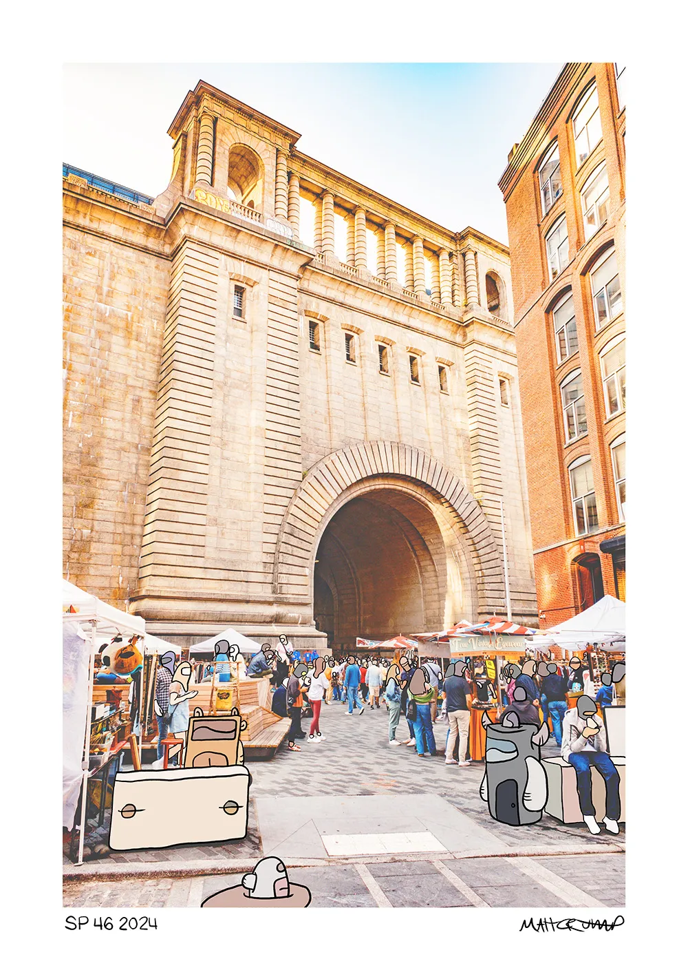 A photograph of the DUMBO flea market under the Manhattan Bridge anchorage arch, where the shoppers have cartoon heads, a boxy creature sits in the foreground, and a horned creature with a backpack sits on a bench at right, labelled SP 46 2024.