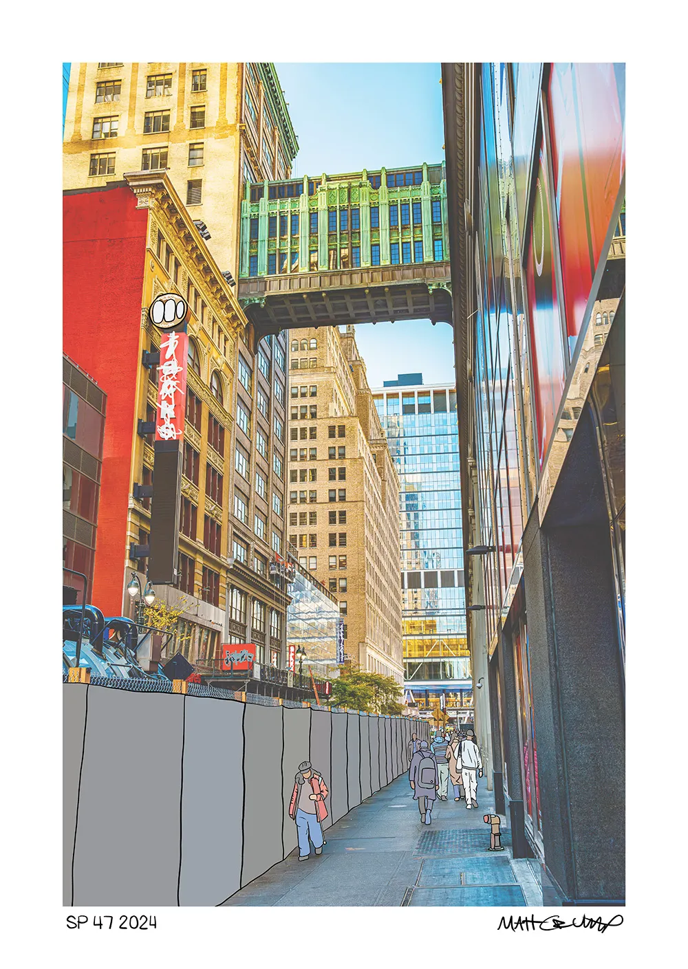 A photograph of a midtown Manhattan street under construction, with a long grey cartoon fence running down the sidewalk, a green copper skybridge between towers, a red building with a scribbled sign, and a few pedestrians redrawn as outlined figures, labelled SP 47 2024.