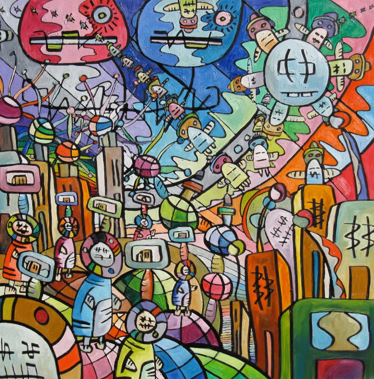 A dense oil painting of globe headed figures with hash mark faces walking through a city of towers, under giant round faces and dollar signs.
