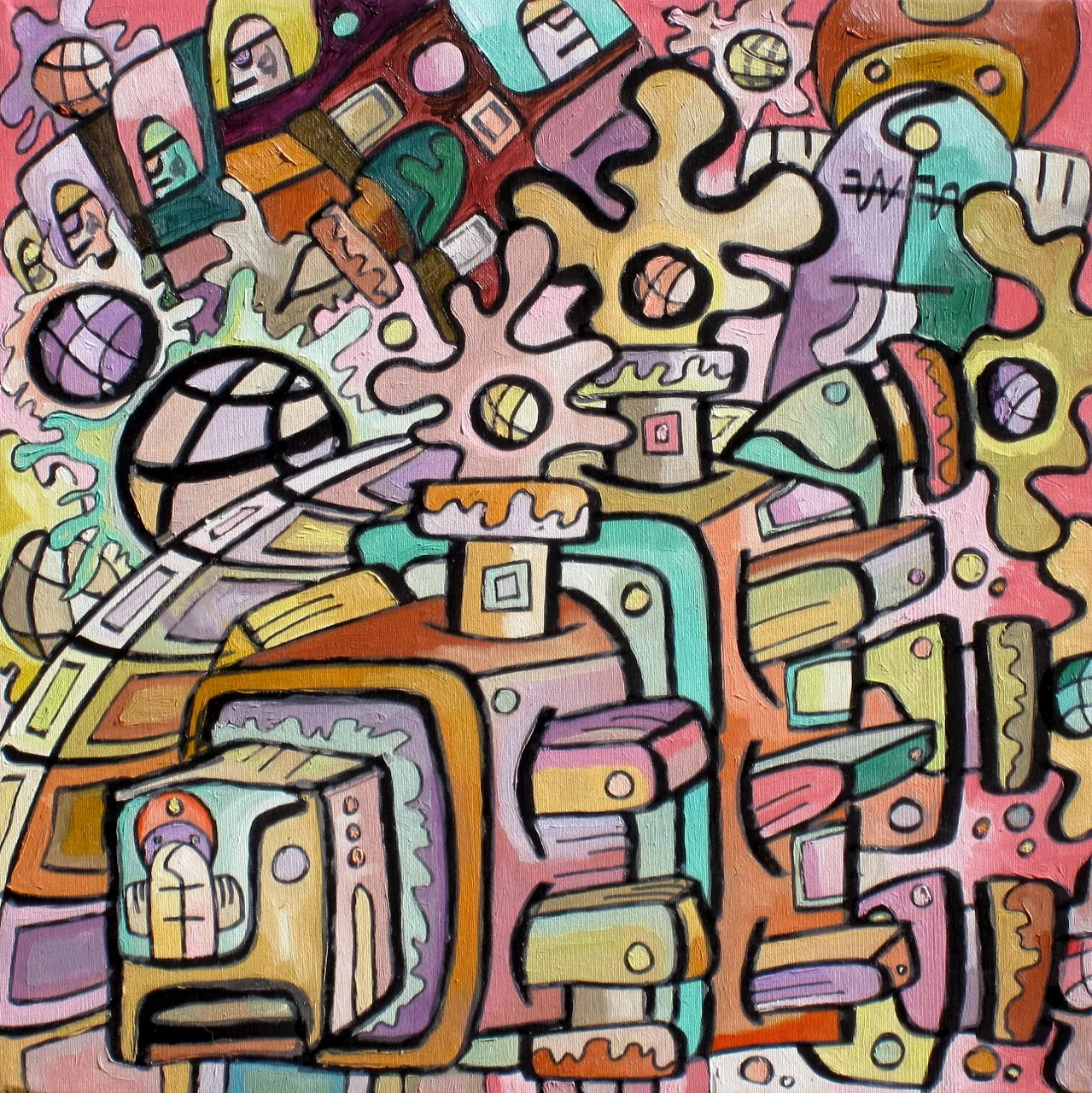 A square oil painting of pastel pink, peach, mint and lilac blocks, grid spheres and splash shapes, with small faces in windows and no blue anywhere.