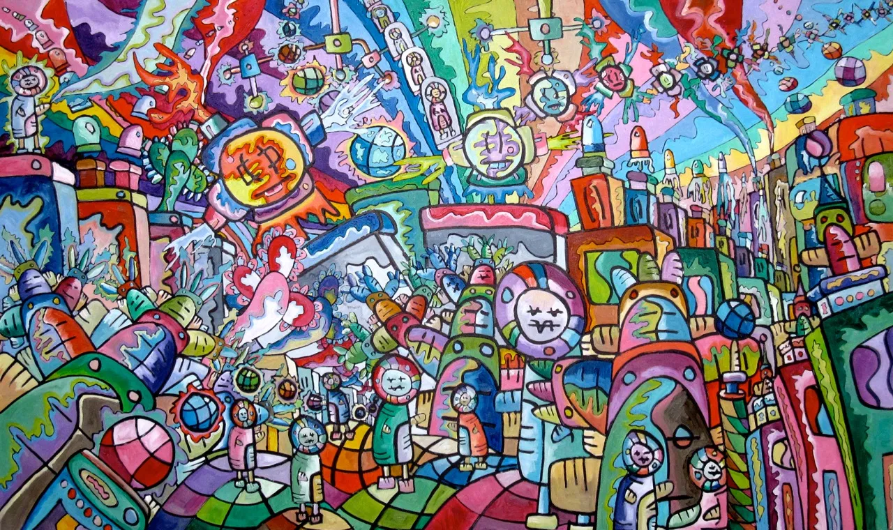 A wide, very dense oil painting of a crowd of globe headed figures in a city street under an exploding orange sun face, planets and ribbons of colour.