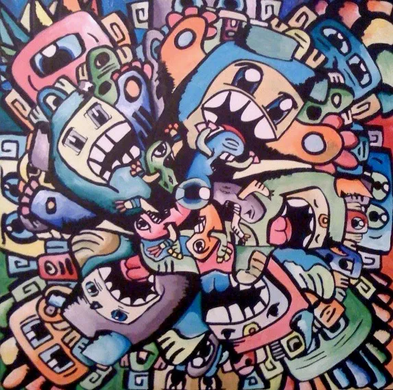 A square painting of blue, orange and green monster faces with wide toothy mouths swirling around a central eye, in flat colour with black outlines.