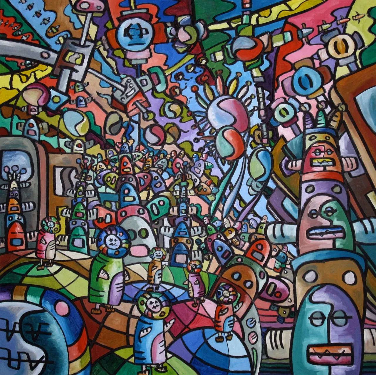 A square oil painting of a crowd of pod bodied figures with hash faces walking toward a city of totem poles under a sky of spheres and antennae.