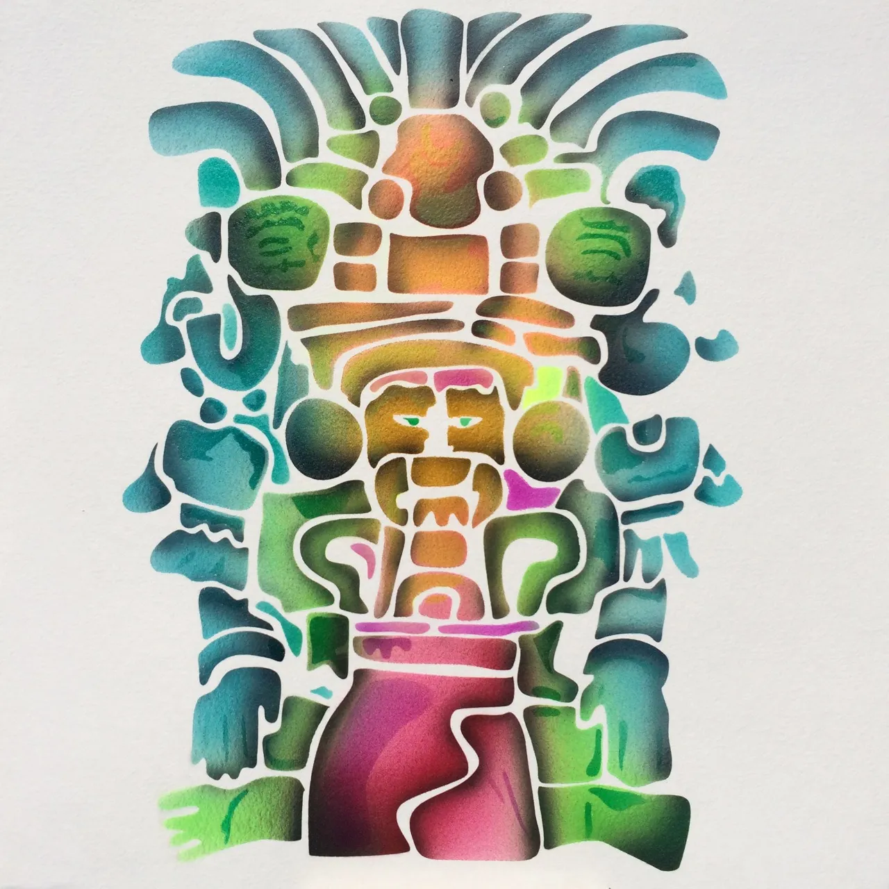 A stencil airbrush painting of a symmetrical totem figure with a feathered headdress, in teal, green, orange and magenta gradients on white paper.
