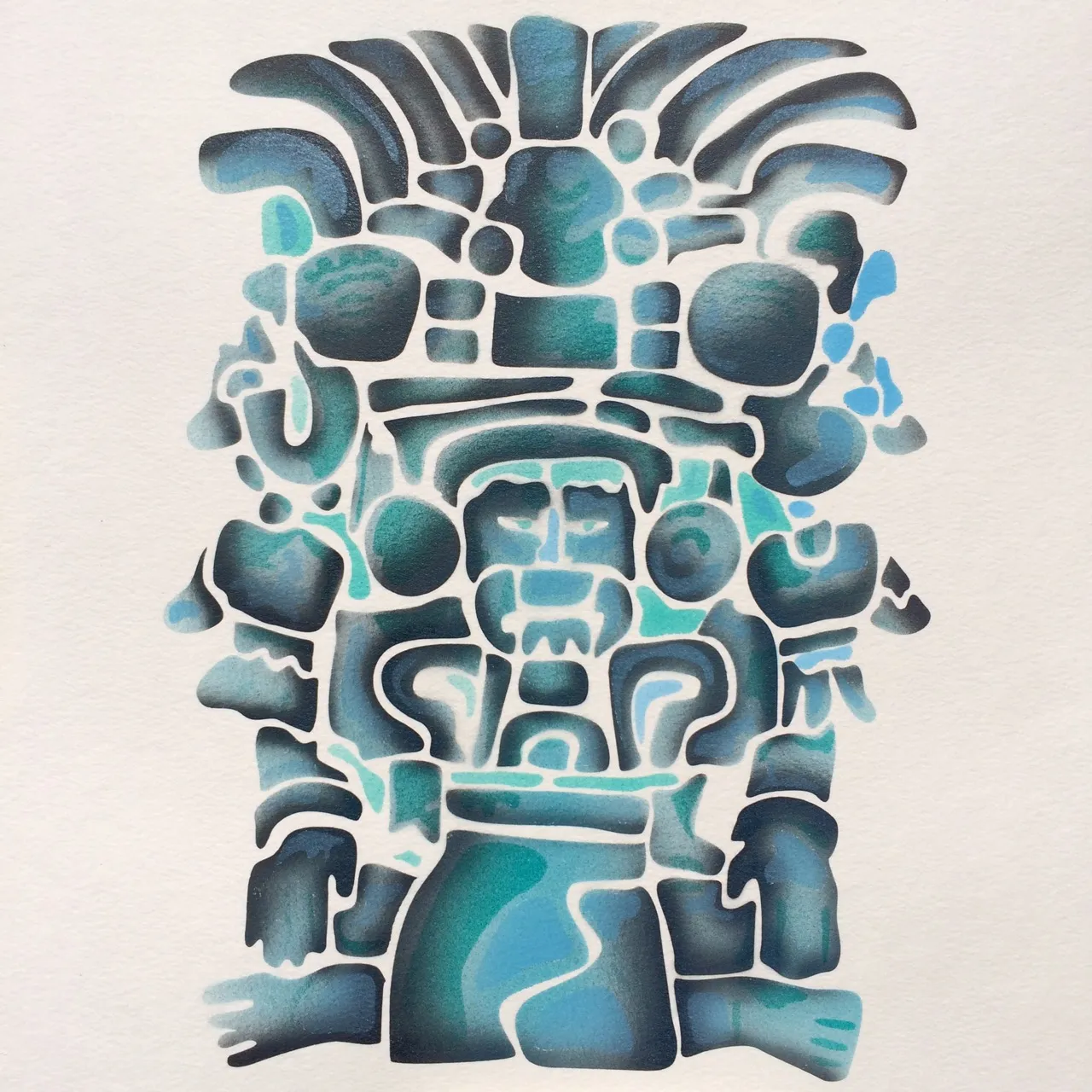 A stencil airbrush painting of a symmetrical totem figure with a feathered headdress, entirely in teal, navy and sky blue on white paper.
