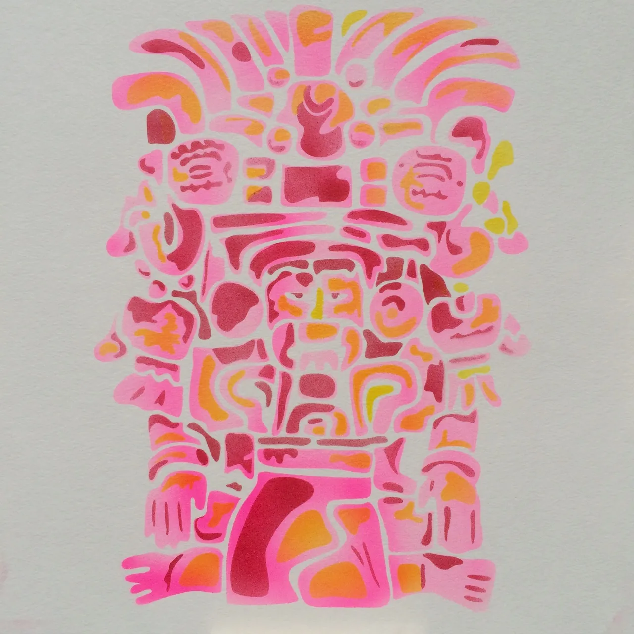 A stencil airbrush painting of a symmetrical totem figure with a feathered headdress, in hot pink, orange and yellow on white paper.
