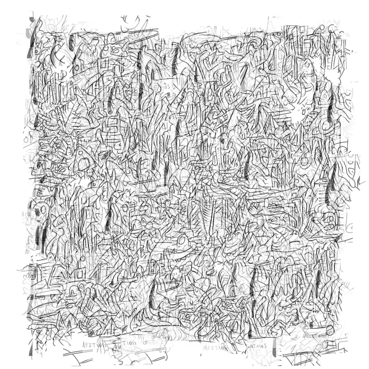 A square field of dense grey pencil like scribbles that resolve into mountains, creatures and fragments of the words Meeting of the Mountains.