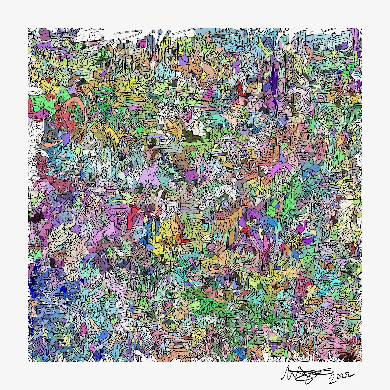 A square field of tiny multicoloured scribbled cells in green, purple, blue, pink and orange, like a crowd seen from very far away, signed 2022.