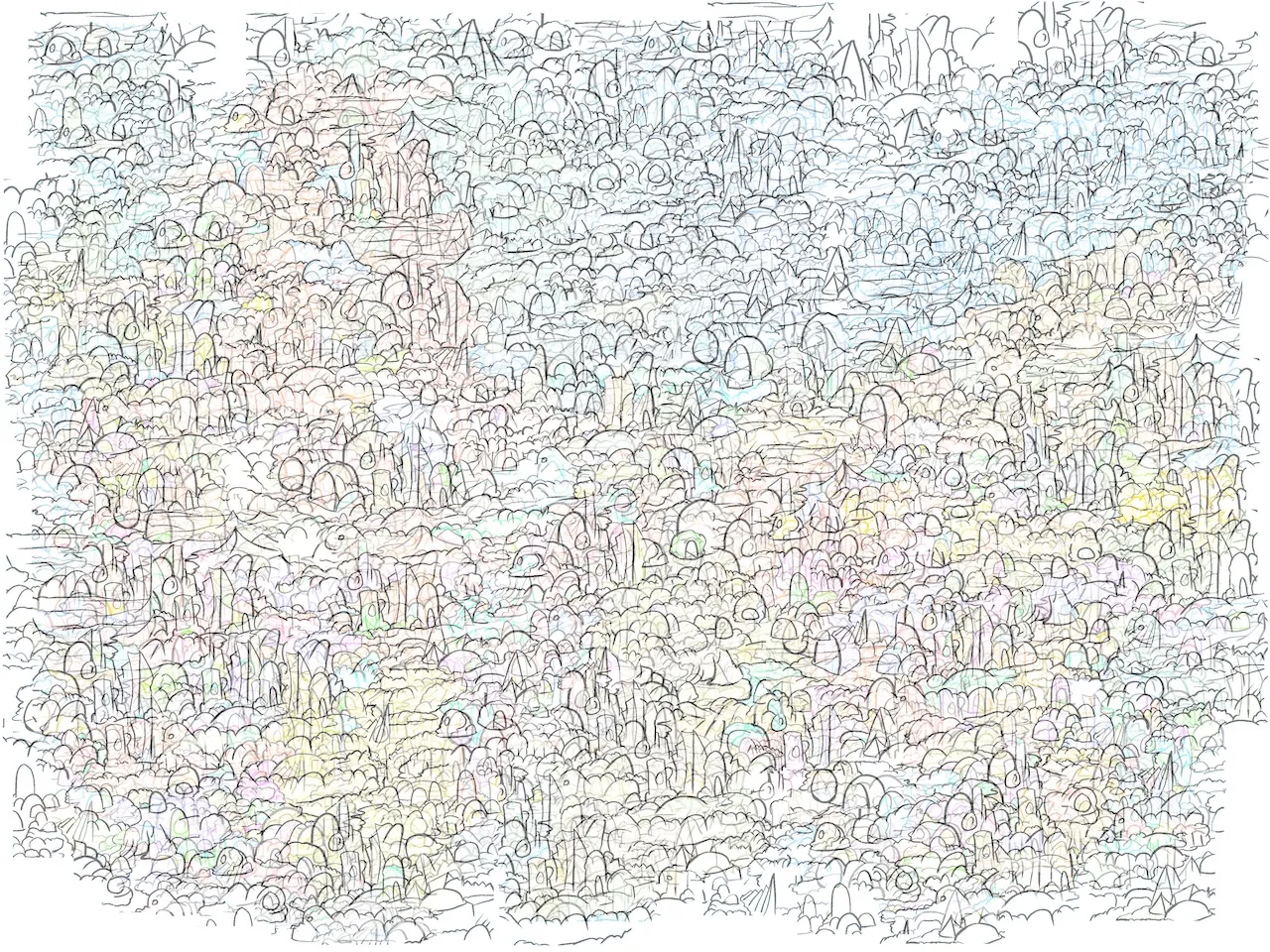 A wide, very dense pencil like drawing of thousands of small domed huts and clouds in faint grey line with pale rainbow tints.