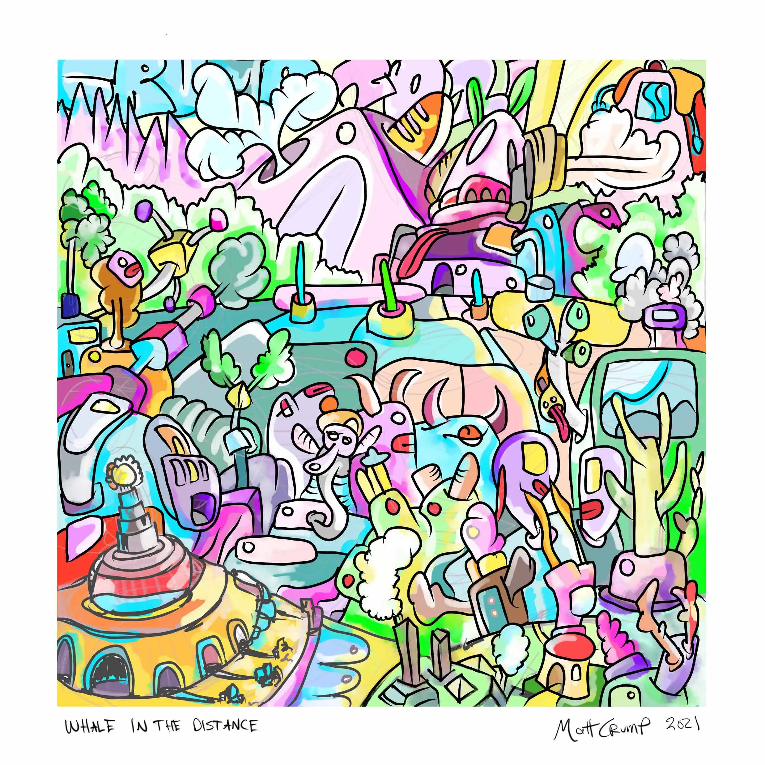 A crowded cartoon scene with a pink whale shape in the distance, an elephant trunked creature, a yellow domed building and many horned figures, signed 2021.