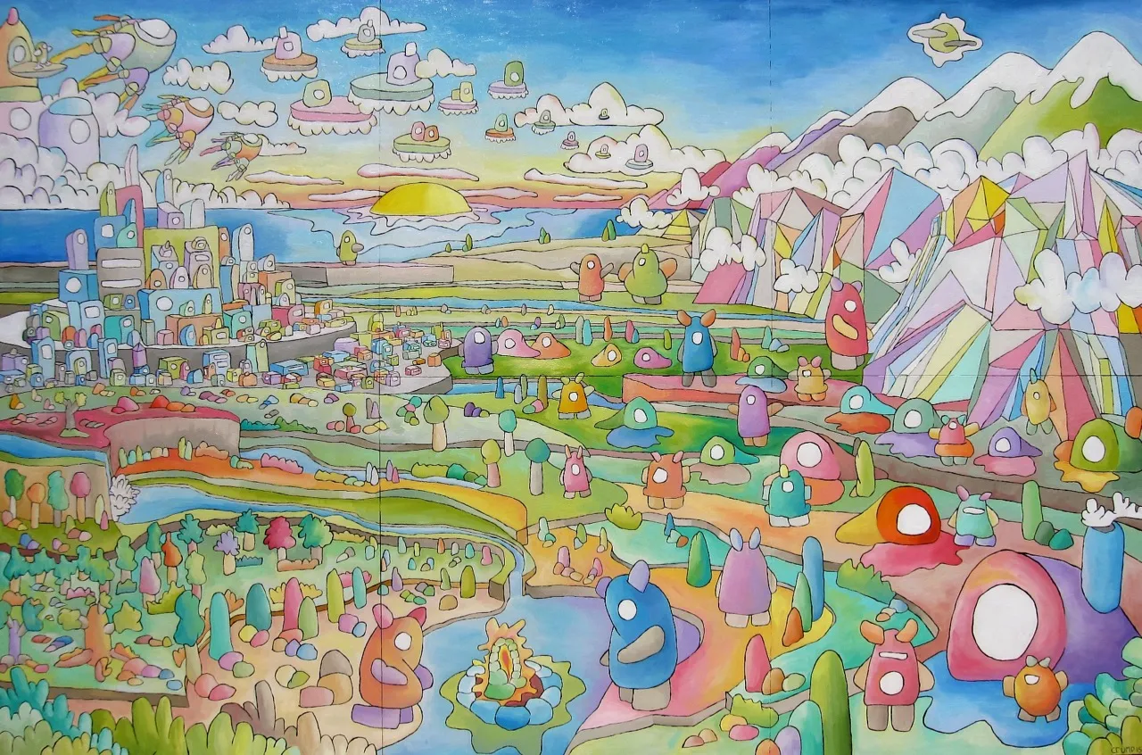 A wide painting of a pastel valley full of one eyed blob creatures, a faceted crystal mountain, a blocky city, flying saucers and a setting sun.