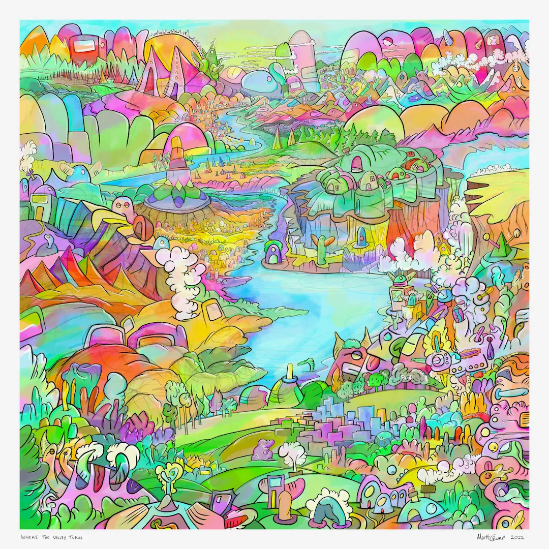 A bright cartoon valley seen from above with a turquoise river winding between rainbow hills, villages, a tiny city and smoke plumes, signed 2022.