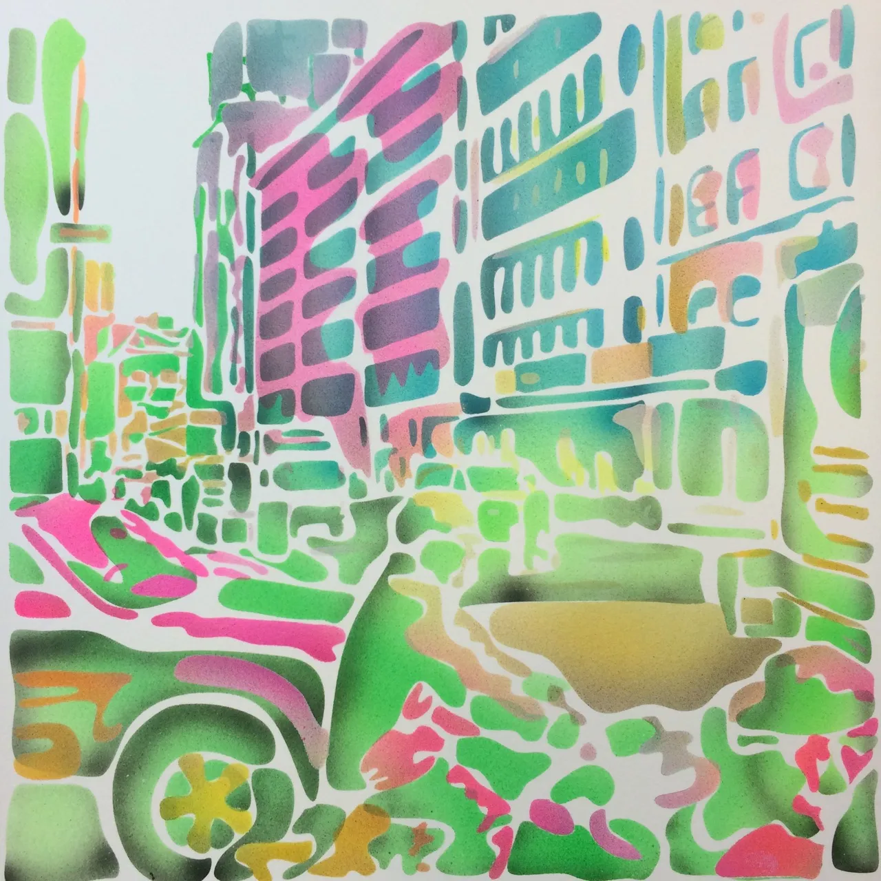 A stencil airbrush painting of a city street with a cyclist, in greens with pink and teal accents on white paper.