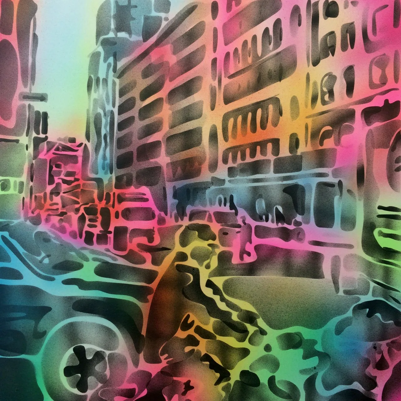 A stencil airbrush painting of a city street with a cyclist, where black stencil shapes sit over a rainbow fog of pink, yellow, green and blue.