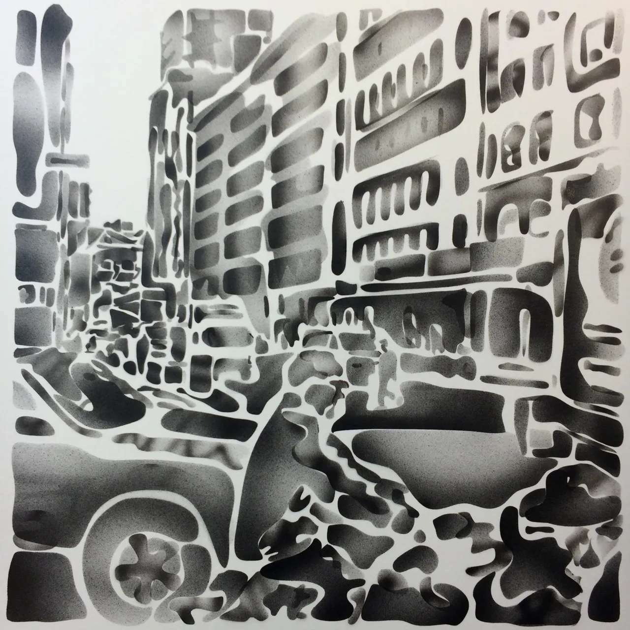A grayscale stencil airbrush painting of a city street with a cyclist in the foreground, in soft grey blobs on white paper.