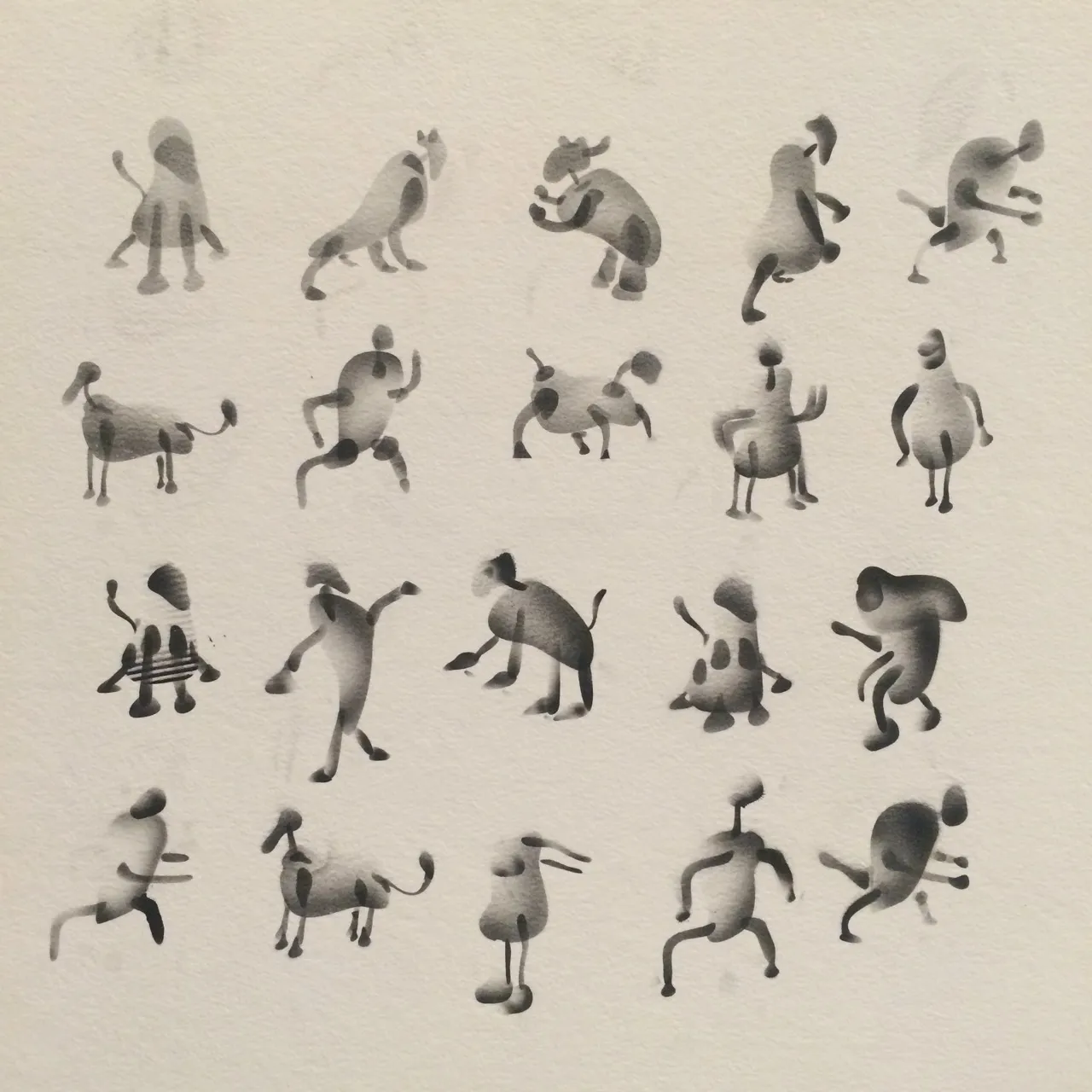 A grid of twenty small grey airbrushed creatures, four legged animals and running figures, in loose soft shapes on cream paper.
