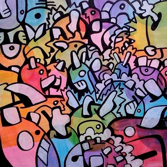A dense marker painting of a crowd of cartoon monster heads with horns, teeth and visors, in pink, blue, orange and green with heavy black outlines.