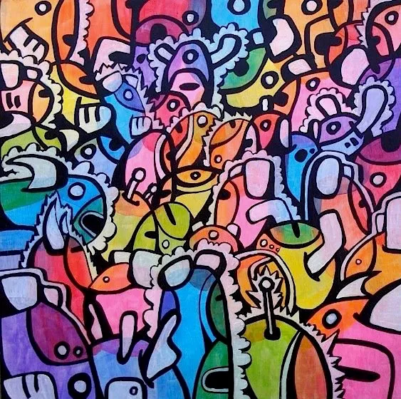 A dense marker painting of cartoon creature heads with frilled collars, horns and antennae, in rainbow colours with thick black outlines.