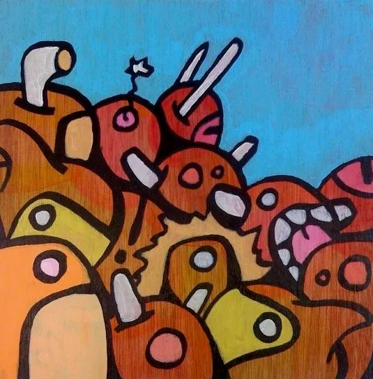 A square marker painting of a pile of orange, red and yellow cartoon creatures with horns and teeth against a flat blue sky.