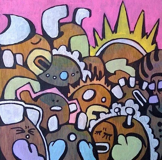 A square marker painting of a pile of brown and olive cartoon creatures with white frills, horns and closed eyes under a pink sky with a yellow sun burst.