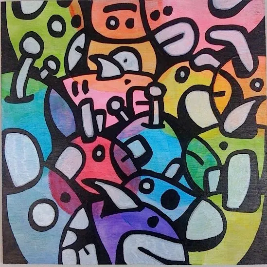 A square marker painting of overlapping cartoon creatures with white horns, spots and visors in rainbow colours over black, with heavy black outlines.