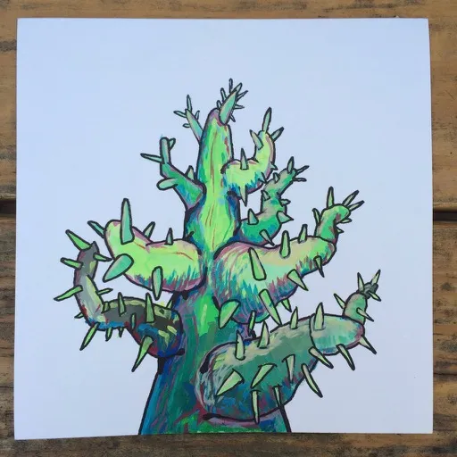 A small gouache painting of a green tree cactus with many spiky arms and pale spines, outlined in black on white paper, photographed on a wooden table.