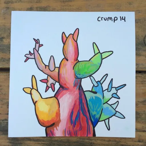 A small gouache painting of a cactus with a pink and red trunk and arms in yellow, green and blue, signed crump 14, photographed on a wooden table.