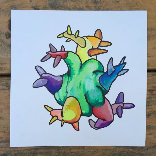 A small gouache painting of a bright green rounded cactus body with spiky arms in purple, red, blue, yellow and orange radiating from it, photographed on a wooden table.
