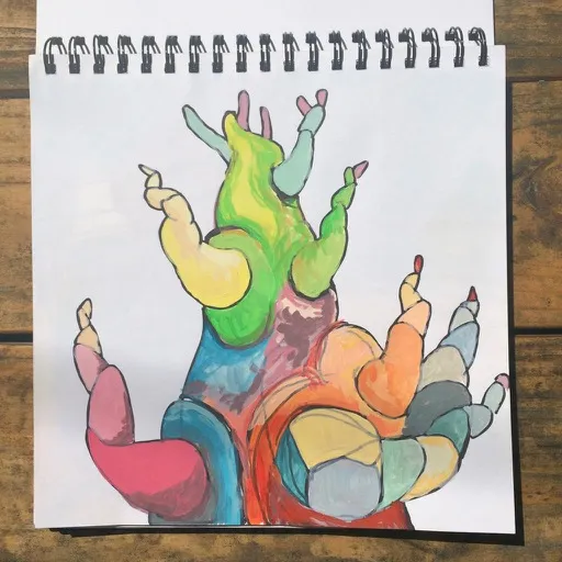 A gouache painting in a spiral sketchbook of a cactus with a green and yellow trunk and fat multicoloured lobes reaching up like fingers.