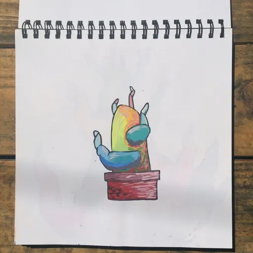 A gouache painting in a spiral sketchbook of a small striped rainbow cactus in a red pot, with a faint shadow of a larger cactus bleeding through the page.
