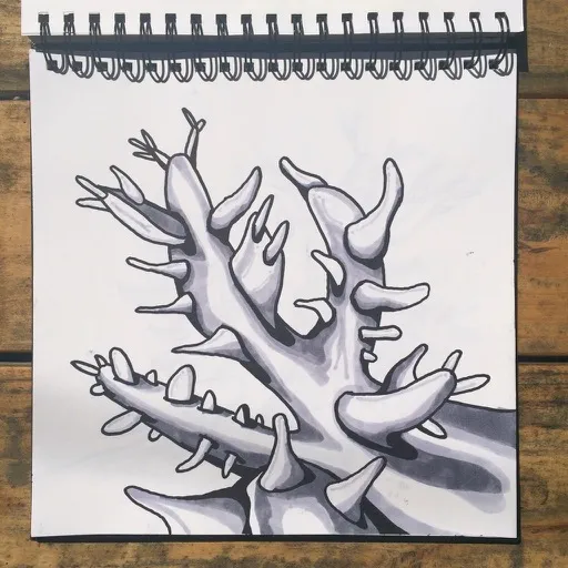 A grey marker drawing in a spiral sketchbook of a branching cactus with thick arms covered in cone shaped spines.