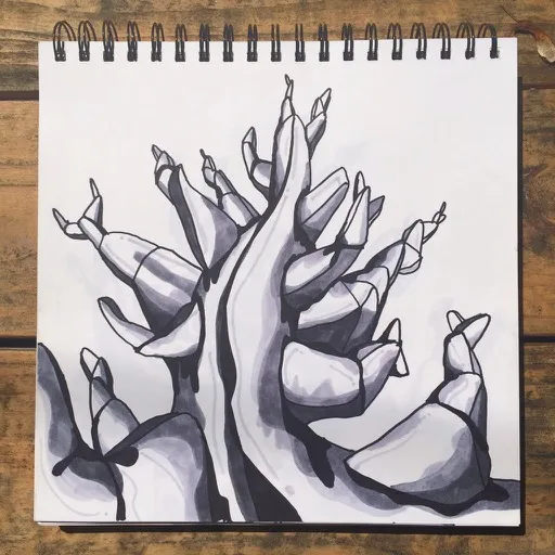A grey marker drawing in a spiral sketchbook of a cactus with faceted, crystal like arms reaching upward in a fan.