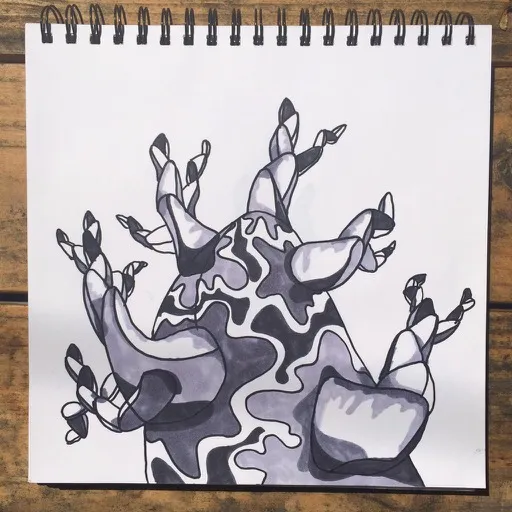 A grey marker drawing in a spiral sketchbook of a camouflage patterned cactus body with striped, twisted arms ending in spines.