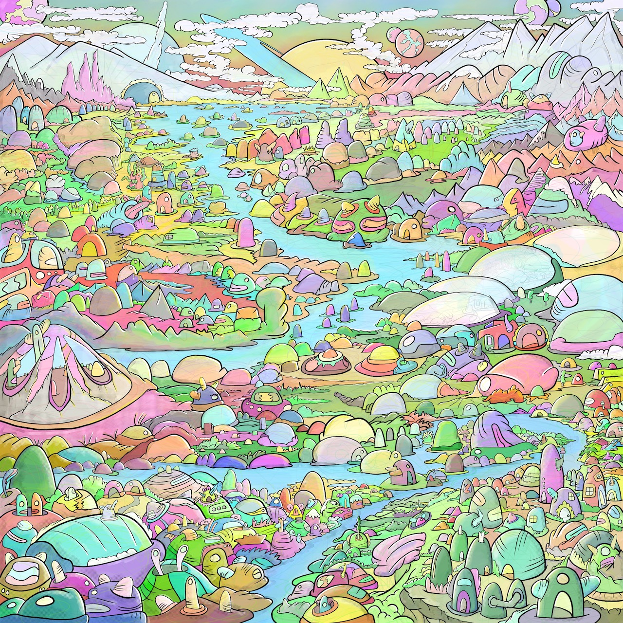 A pastel cartoon valley crowded with rounded domes, huts, pods and small creatures along a winding blue river, under distant mountains and a rising sun.