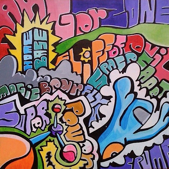 A square painting of bubble letters reading Danger Zone, Home Base, Magic Bear Fly and Super Power around a blue bear leaping with a sword, in flat purple, orange and green.